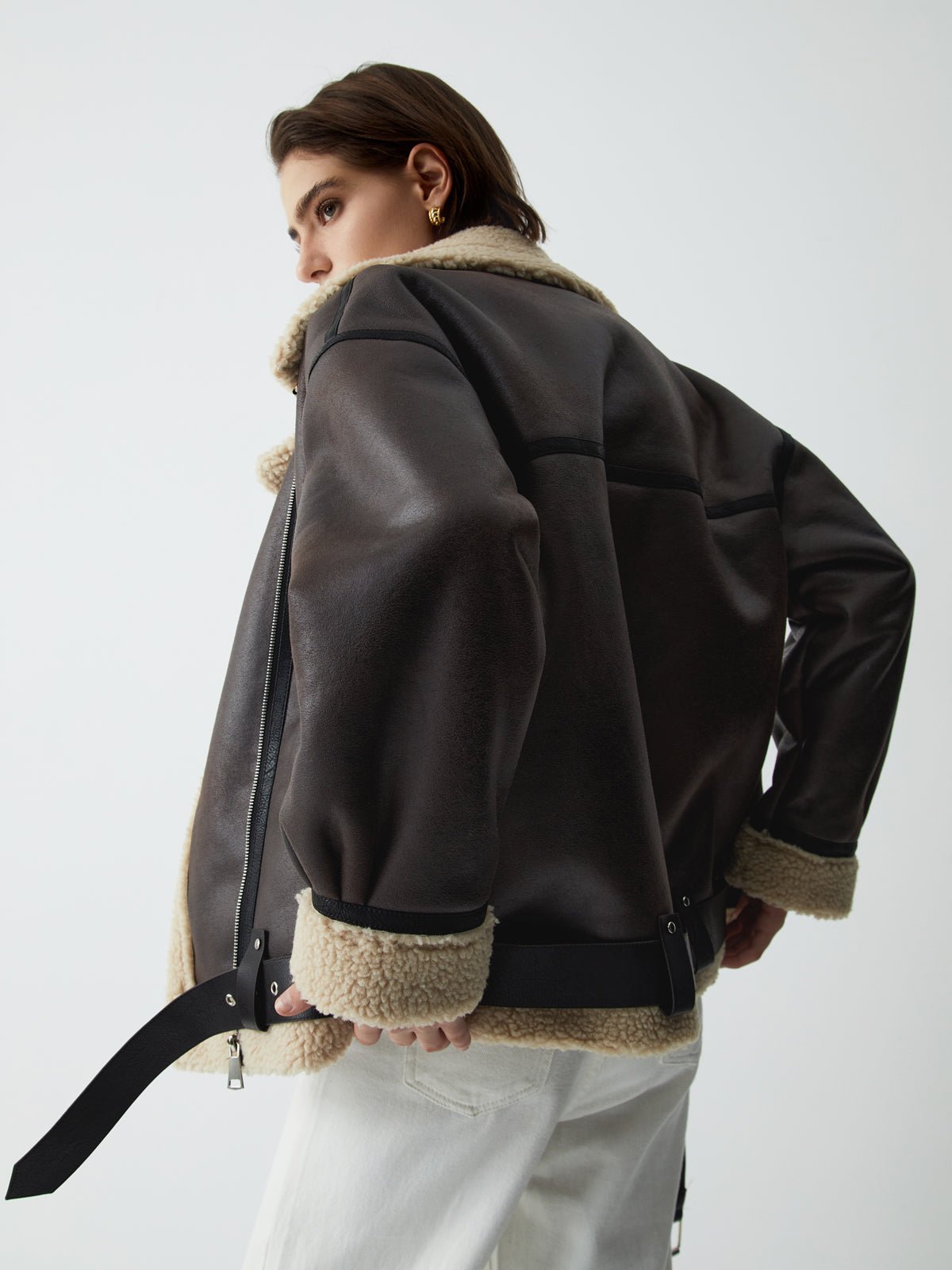 Klasik Sherpa Astarlı Shearling Deri Uçuş Ceketi - Phentora