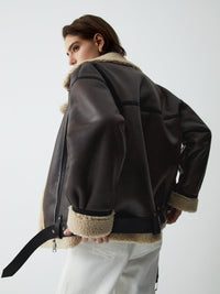 Klasik Sherpa Astarlı Shearling Deri Uçuş Ceketi - Phentora