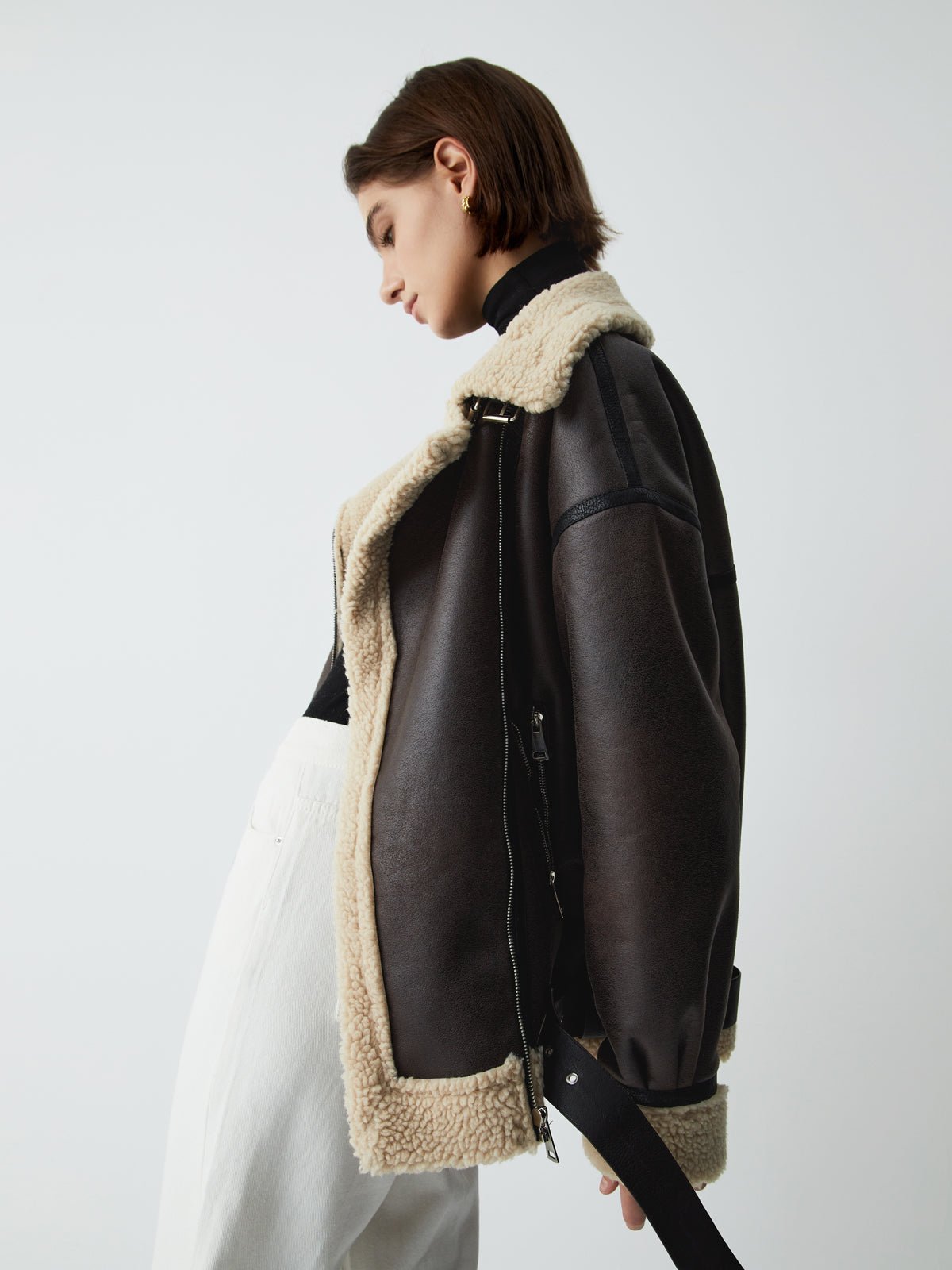 Klasik Sherpa Astarlı Shearling Deri Uçuş Ceketi - Phentora