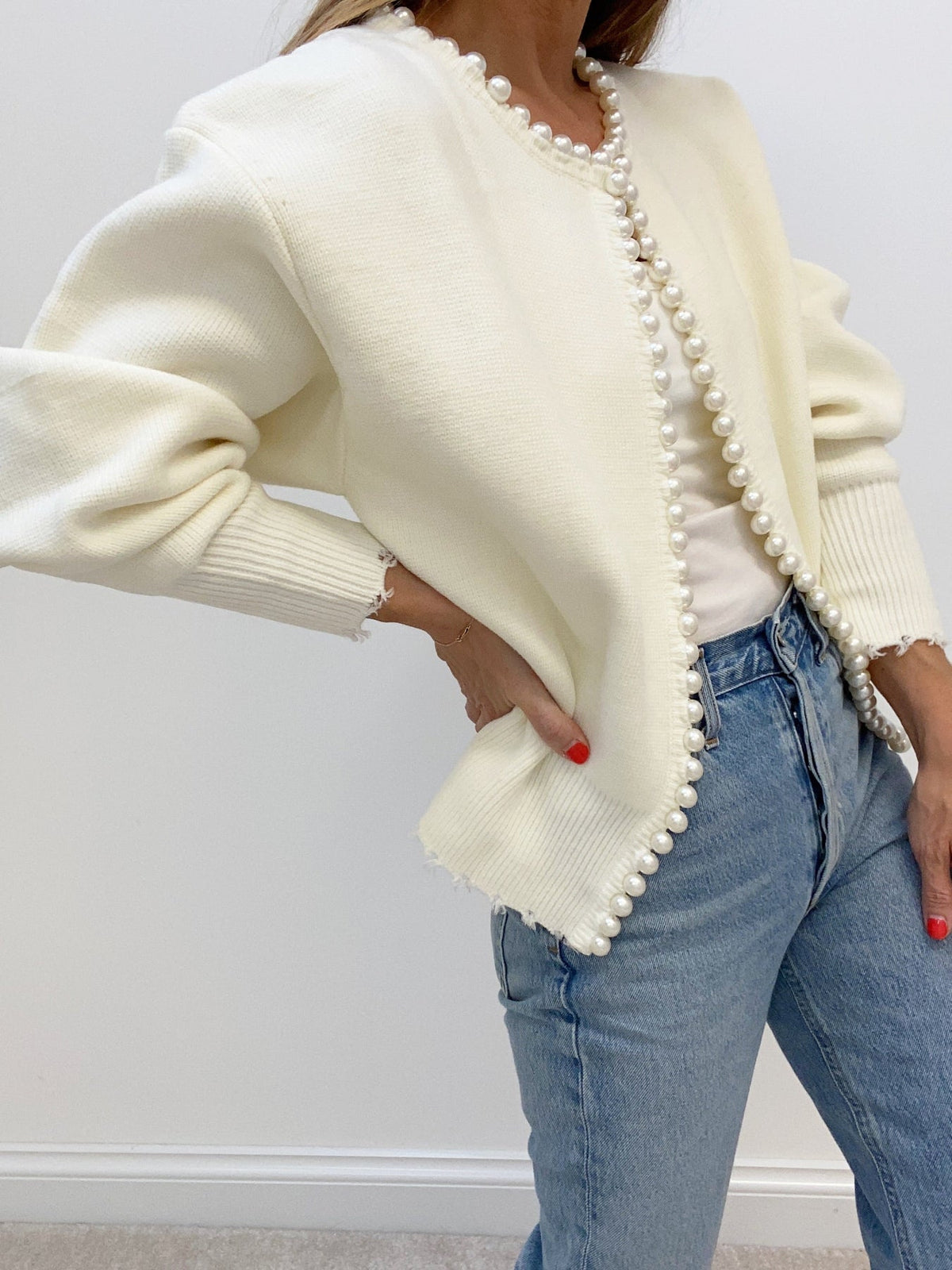 İnci Detaylı Trim Ripped Hem Hırka - Phentora
