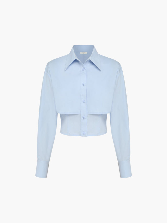 Baby Mavi Open Collar Double Layer Crop Gömlek - Phentora