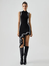 Triko Asimetrik Contrast Trim Mock Neck Midi Elbise - Phentora