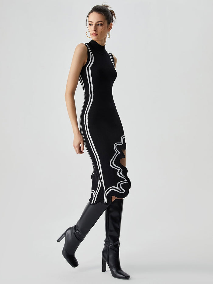 Triko Asimetrik Contrast Trim Mock Neck Midi Elbise - Phentora