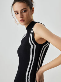 Triko Asimetrik Contrast Trim Mock Neck Midi Elbise - Phentora