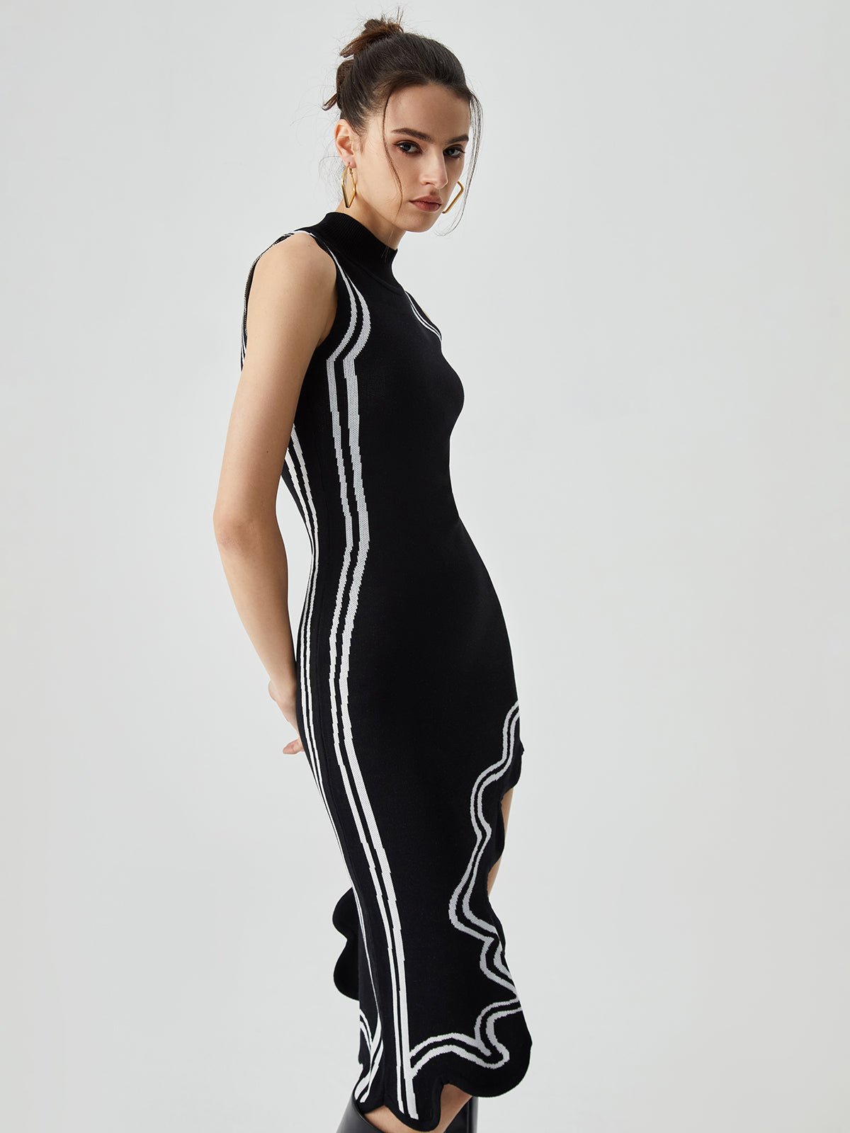 Triko Asimetrik Contrast Trim Mock Neck Midi Elbise - Phentora