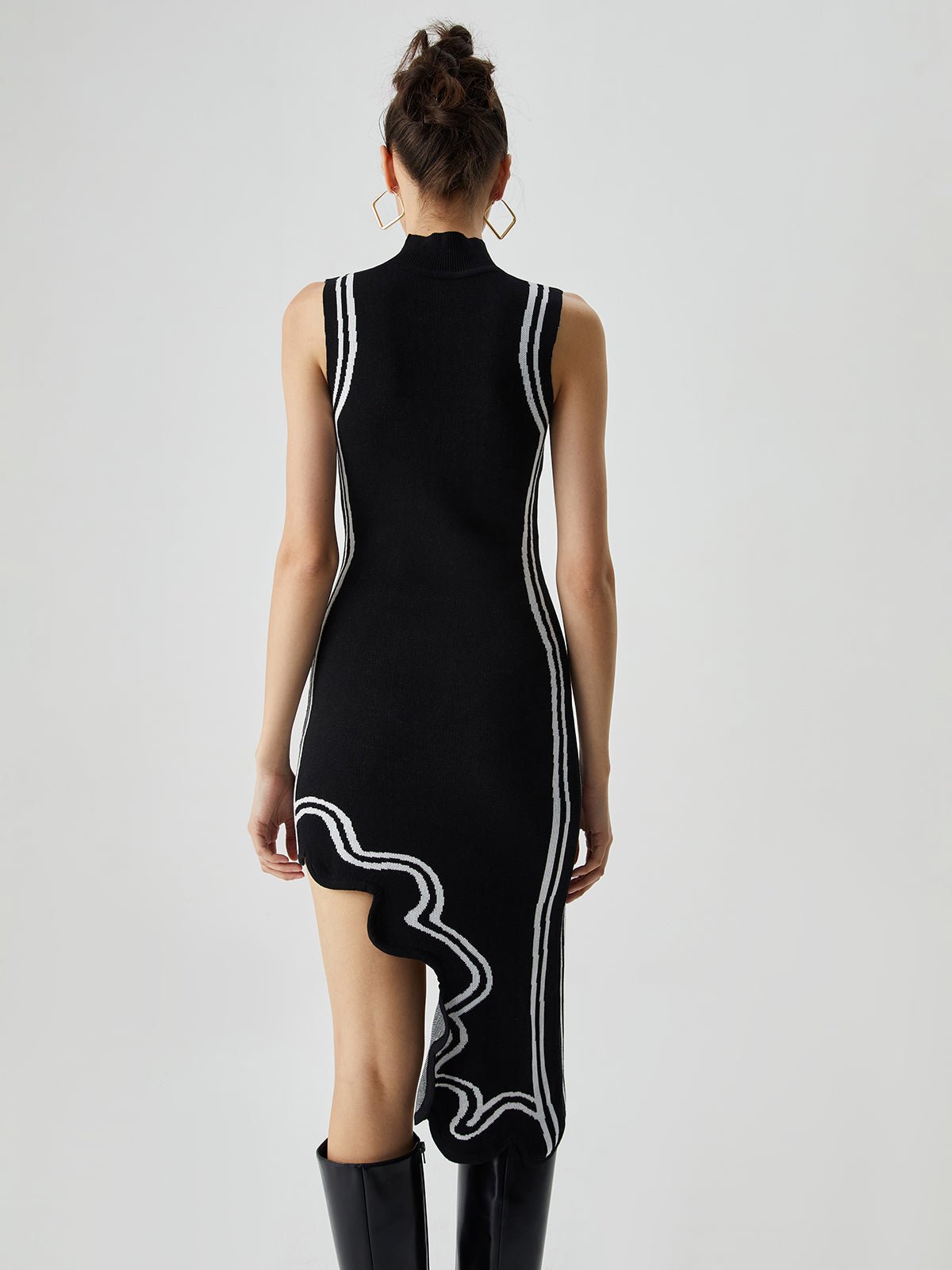 Triko Asimetrik Contrast Trim Mock Neck Midi Elbise - Phentora
