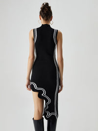 Triko Asimetrik Contrast Trim Mock Neck Midi Elbise - Phentora