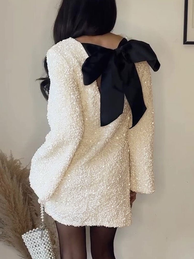 Sequins Kadife Bowknot Mini Elbise - Phentora