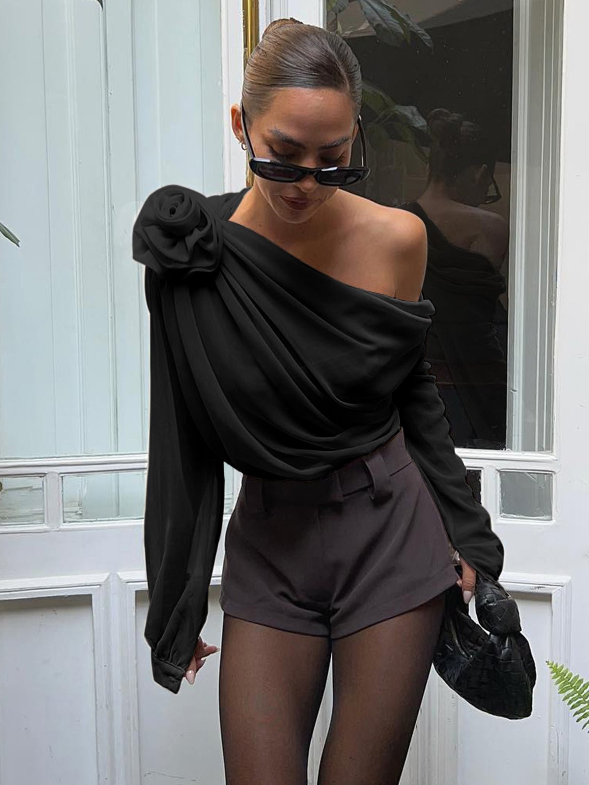 Şifon Semi - sheer One Shoulder Asymmetrical Bluz - Phentora