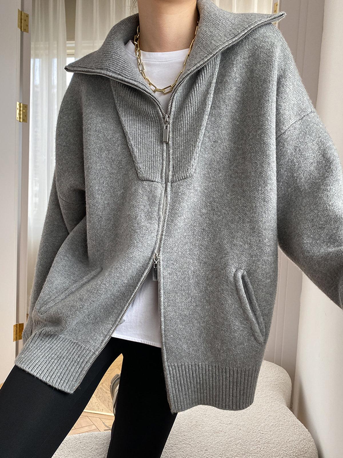 V Yaka Oversize Fermuarlı Triko Ceket - Phentora