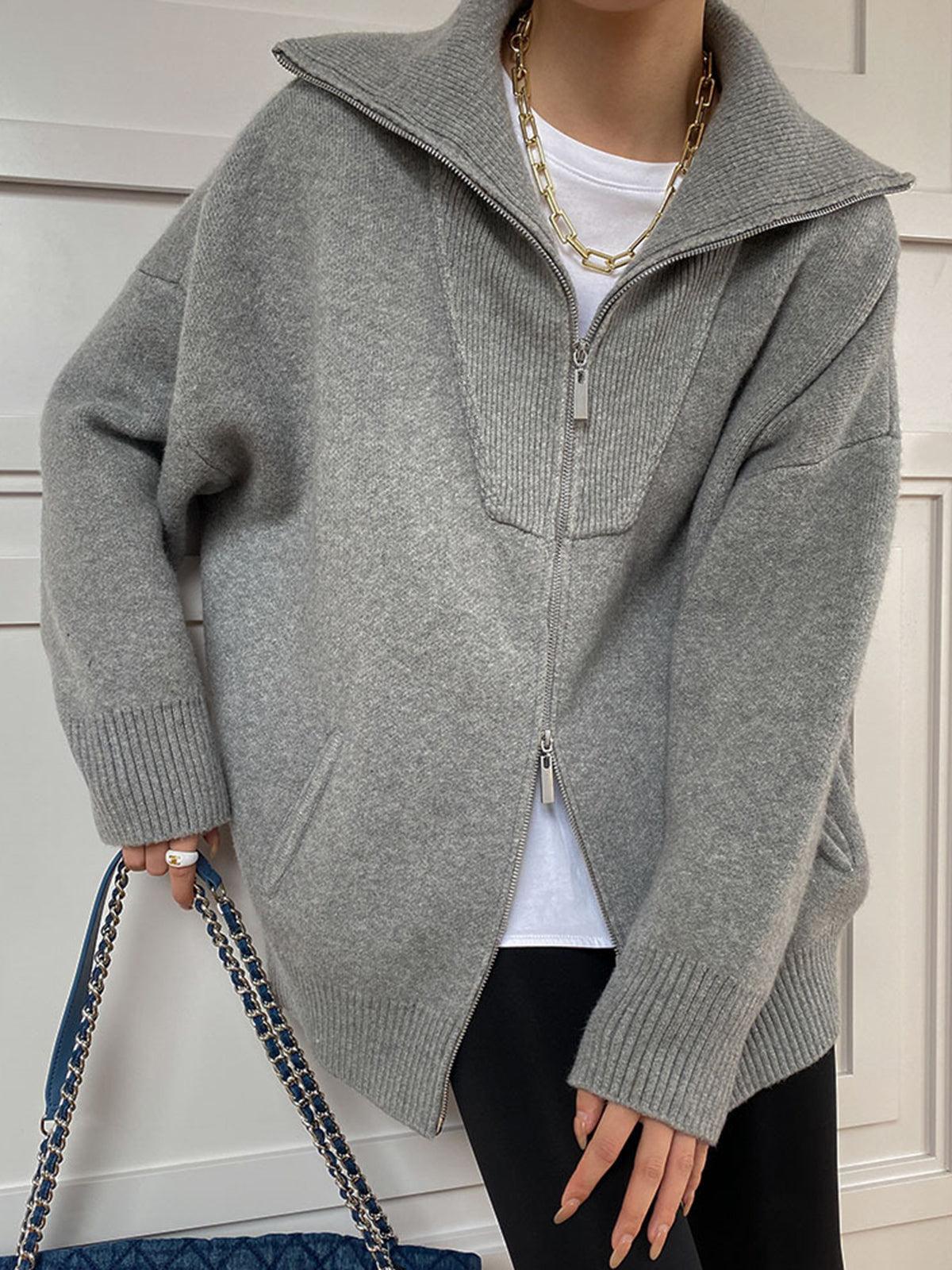 V Yaka Oversize Fermuarlı Triko Ceket - Phentora
