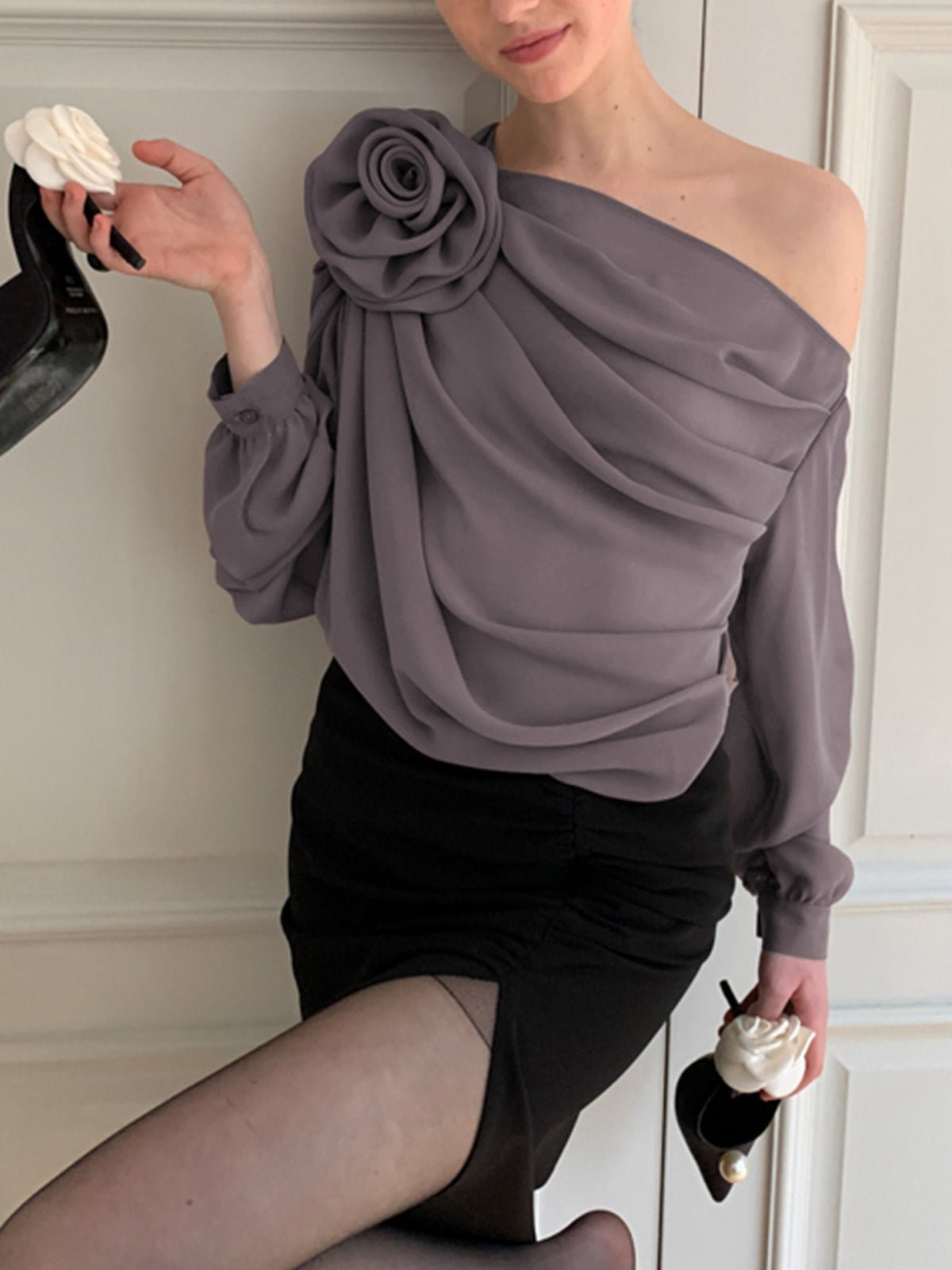 Şifon Semi - sheer One Shoulder Asymmetrical Bluz - Phentora