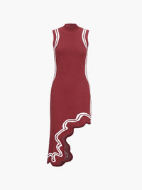Triko Asimetrik Contrast Trim Mock Neck Midi Elbise - Phentora