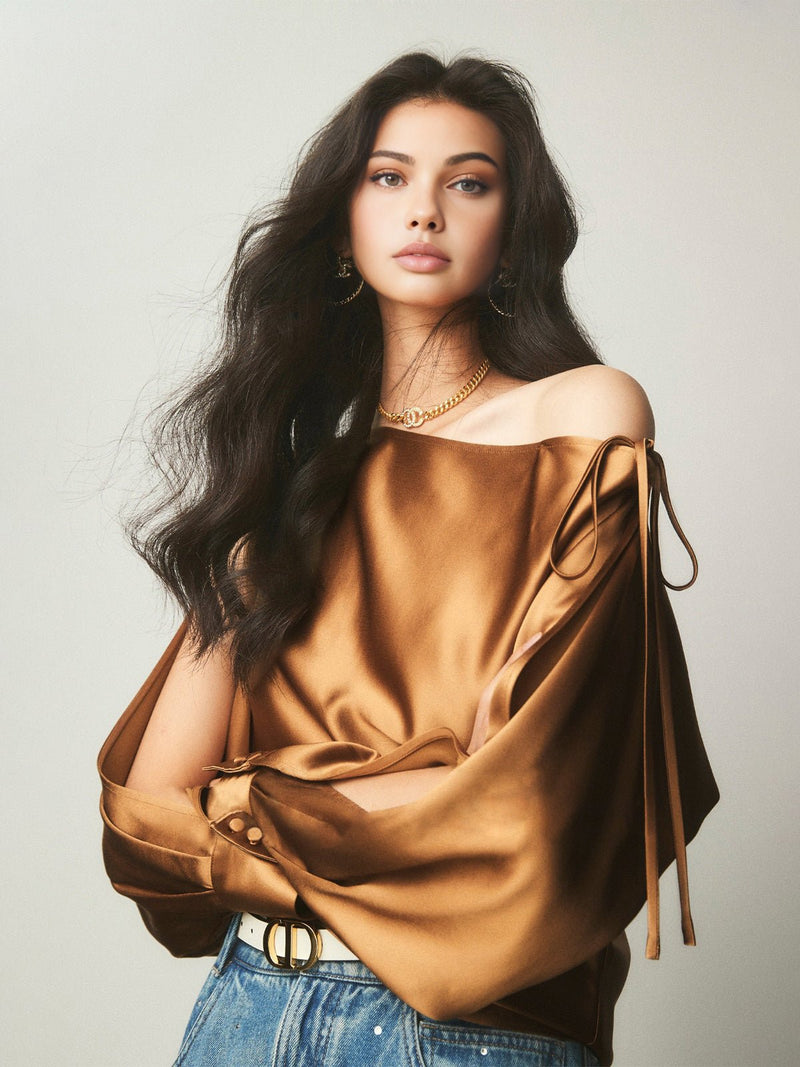 Saten Asymmetrical Cold Shoulder Tied Bluz - Phentora