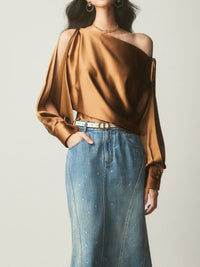 Saten Asymmetrical Cold Shoulder Tied Bluz - Phentora