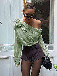 Şifon Semi - sheer One Shoulder Asymmetrical Bluz - Phentora