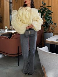 Semi - sheer Şifon Fırfırlı Crew Neck Bluz - Phentora