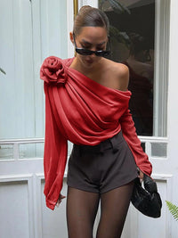 Şifon Semi - sheer One Shoulder Asymmetrical Bluz - Phentora