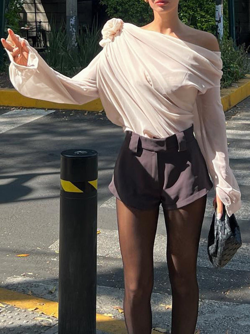 Şifon Semi - sheer One Shoulder Asymmetrical Bluz - Phentora