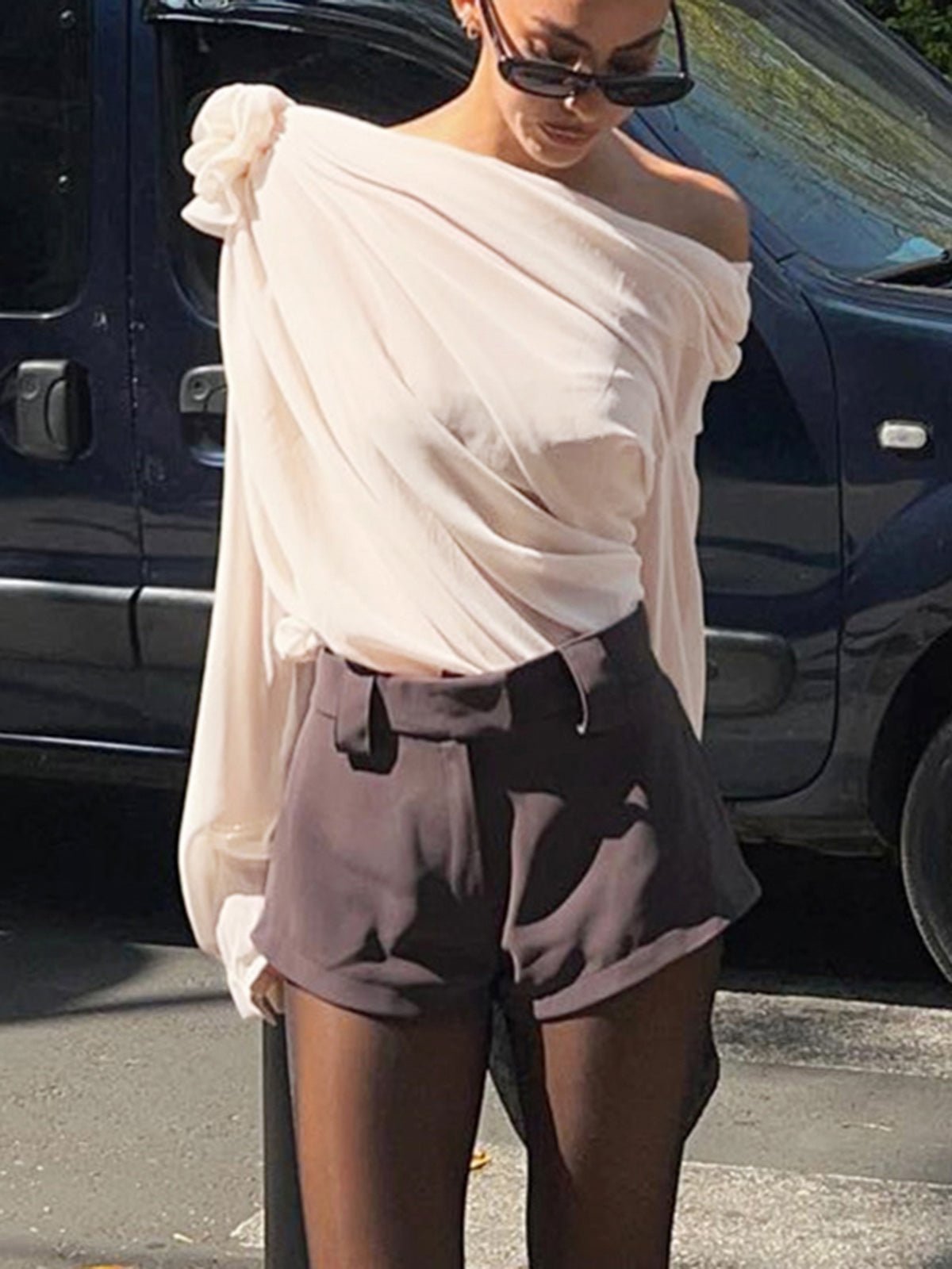 Şifon Semi - sheer One Shoulder Asymmetrical Bluz - Phentora