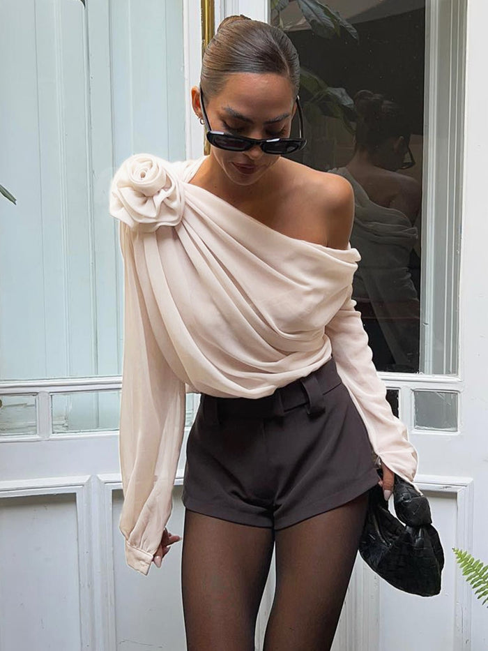 Şifon Semi - sheer One Shoulder Asymmetrical Bluz - Phentora