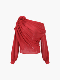 Şifon Semi - sheer One Shoulder Asymmetrical Bluz - Phentora