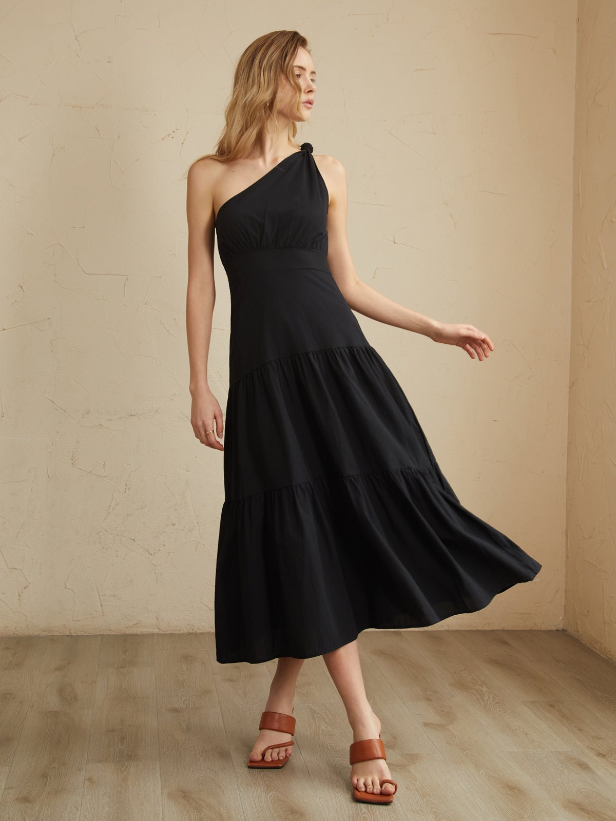 Asimetrik Shoulder Knotted Midi Elbise - Phentora