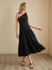 Asimetrik Shoulder Knotted Midi Elbise - Phentora