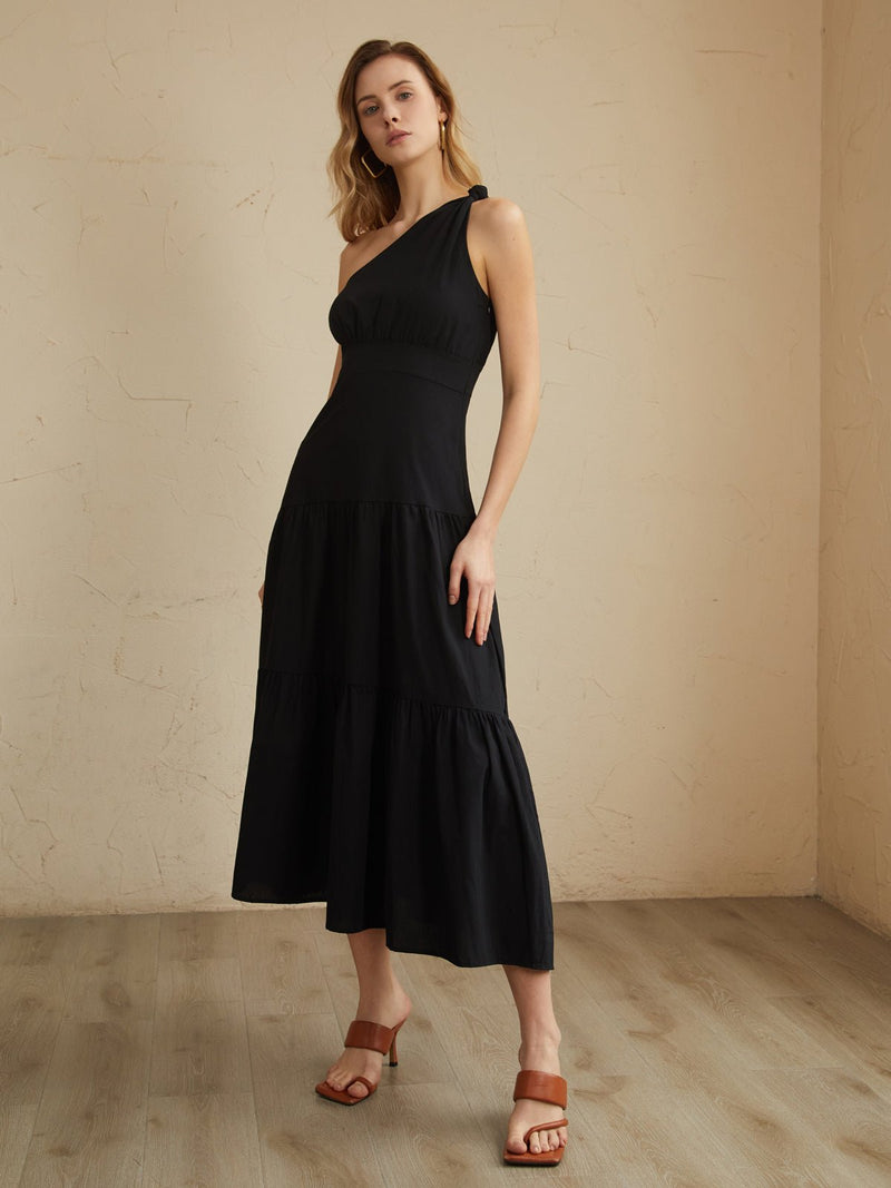 Asimetrik Shoulder Knotted Midi Elbise - Phentora