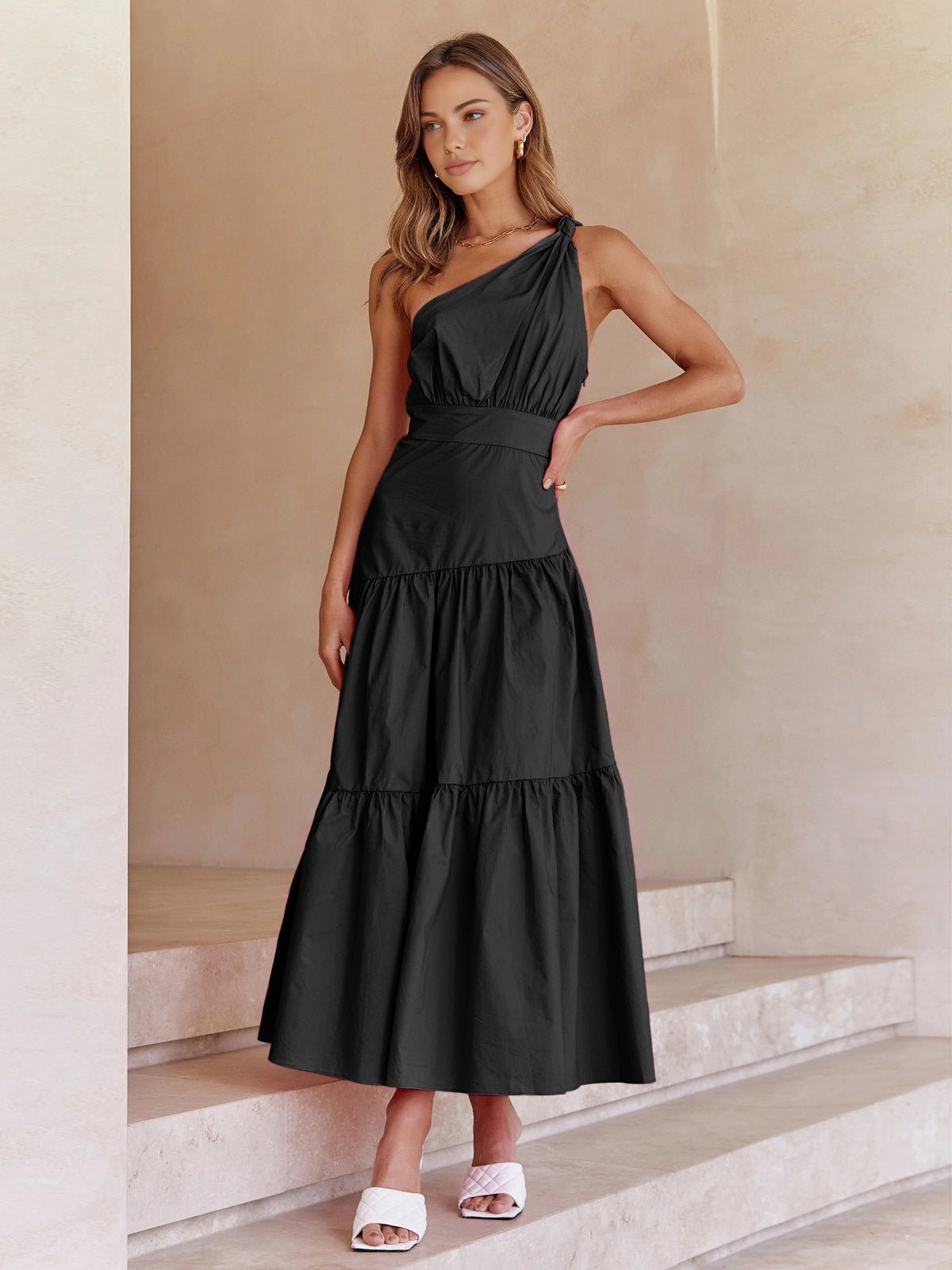 Asimetrik Shoulder Knotted Midi Elbise - Phentora
