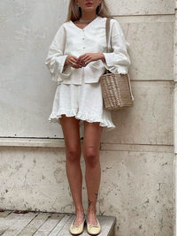 Saf Pamuk Fırfır Dekorlu Şort Takım - Phentora