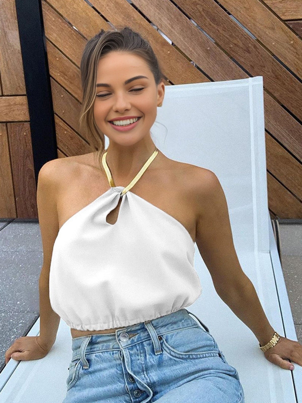 Semi - Sheer Boyundan Bağlamalı Crop Kolsuz Üst - Phentora