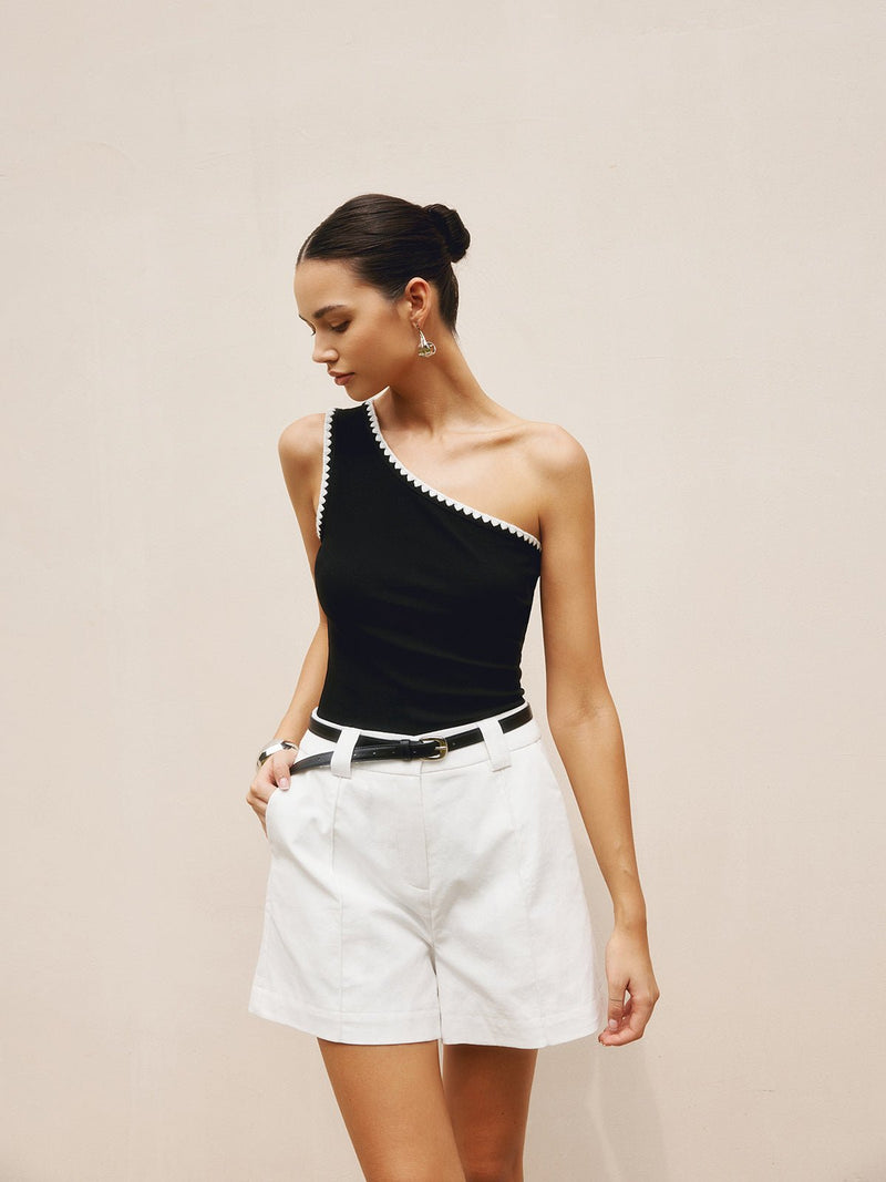Contrast Trim One Shoulder Off Tank Üst - Phentora