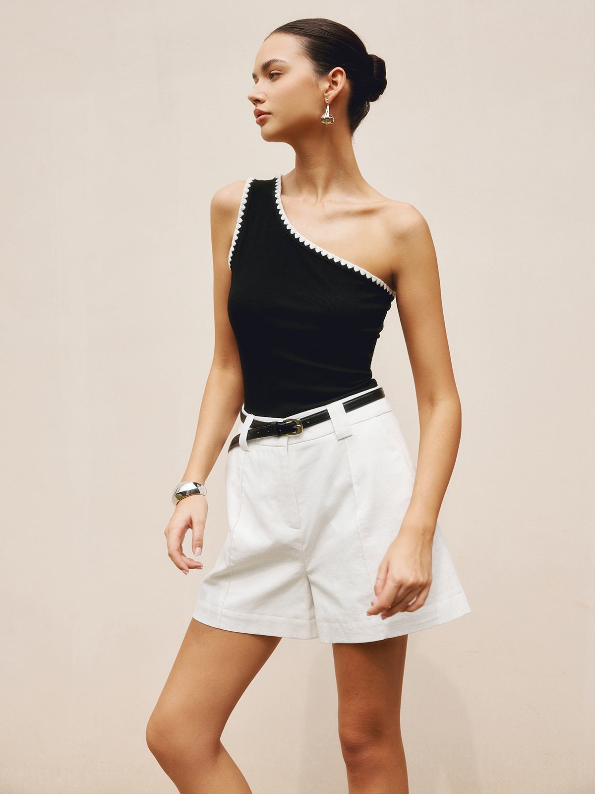 Contrast Trim One Shoulder Off Tank Üst - Phentora
