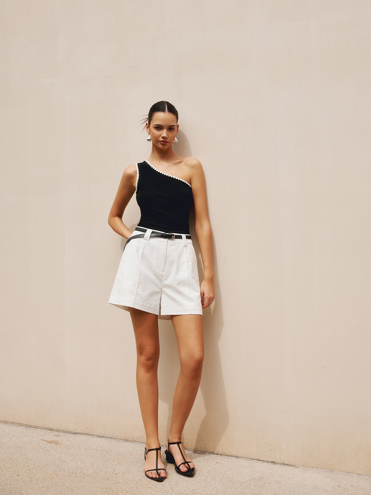 Contrast Trim One Shoulder Off Tank Üst - Phentora