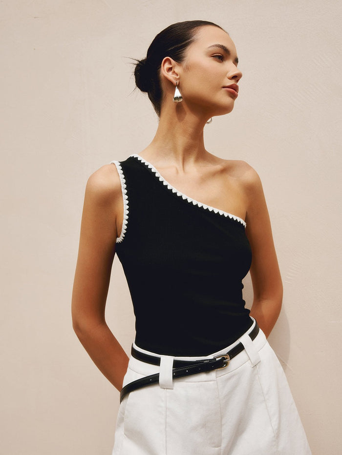 Contrast Trim One Shoulder Off Tank Üst - Phentora