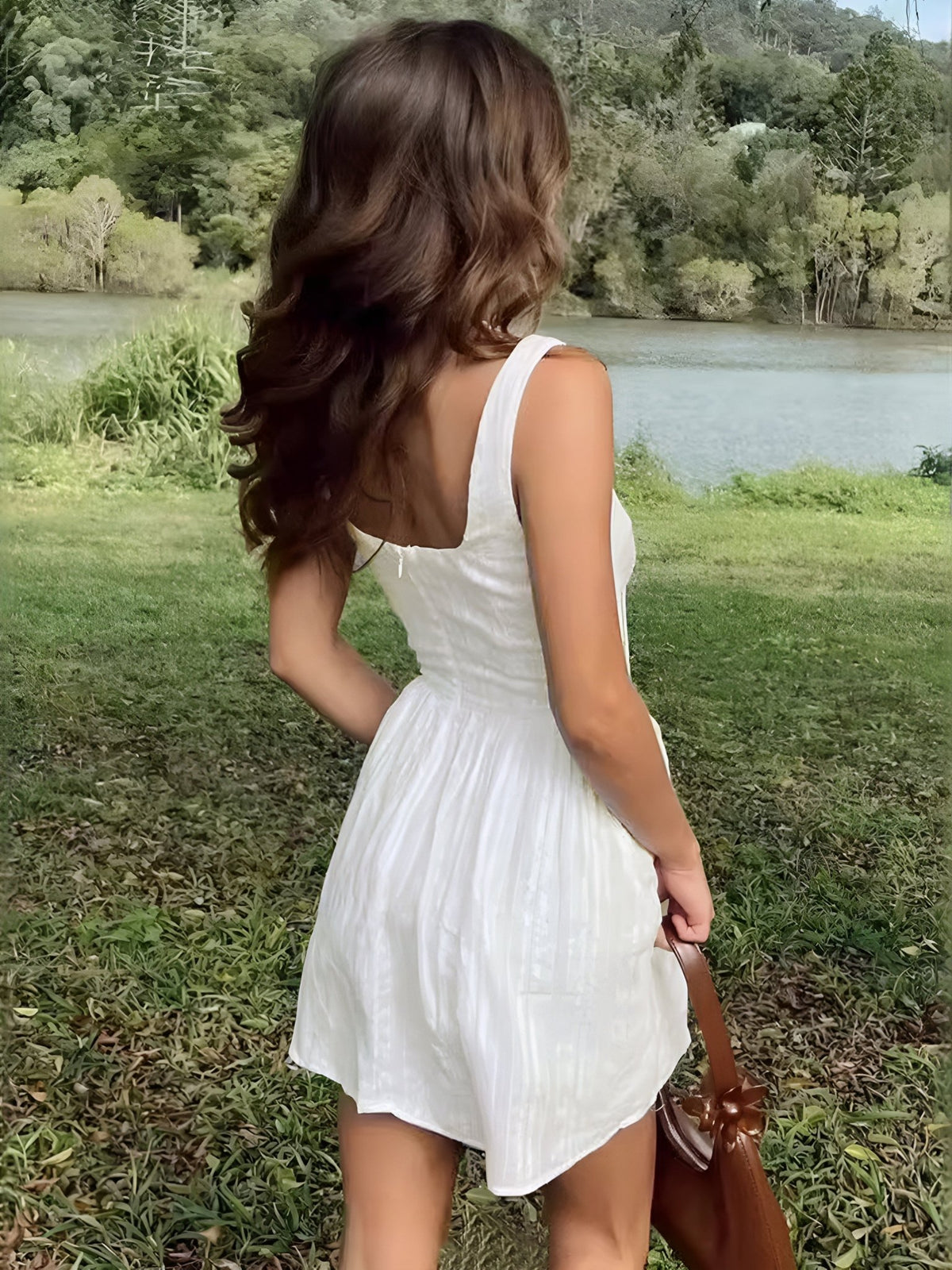 Semi - Sheer Düz Square Neckline Kısa Elbise - Phentora