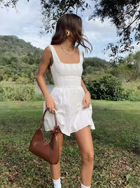 Semi - Sheer Düz Square Neckline Kısa Elbise - Phentora