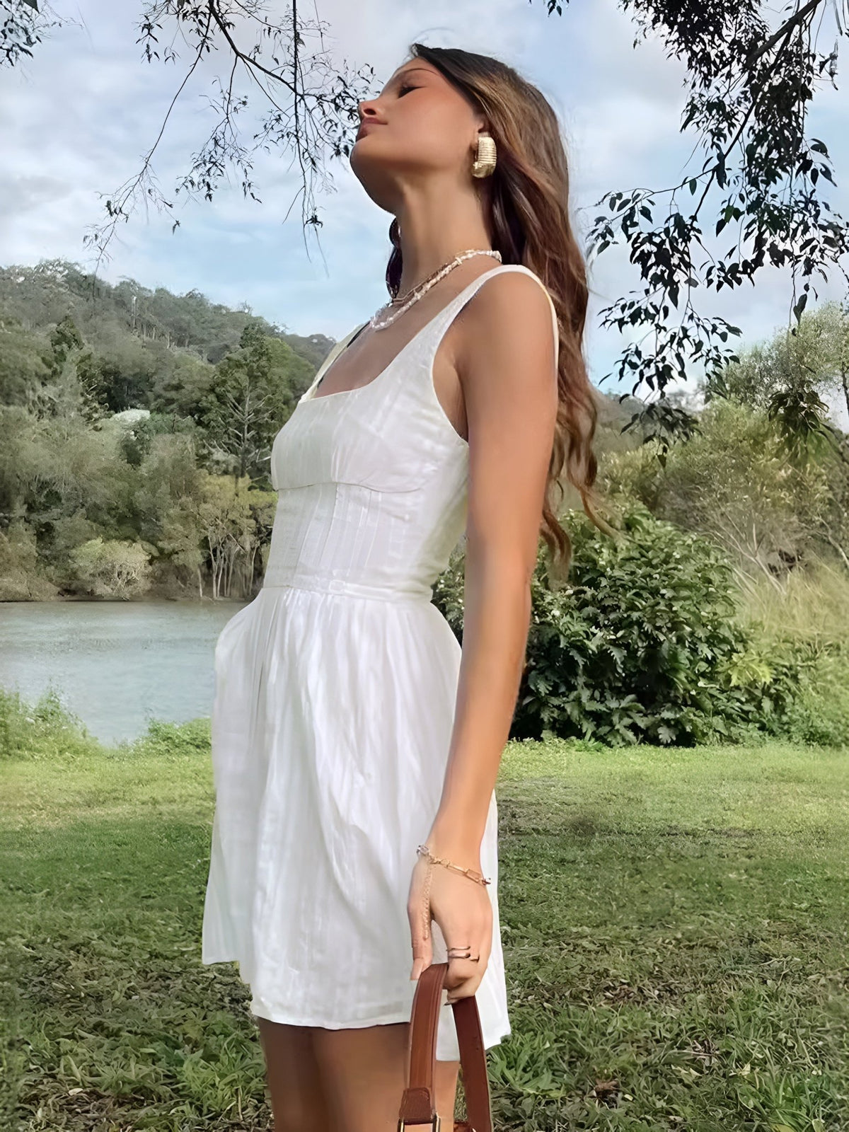 Semi - Sheer Düz Square Neckline Kısa Elbise - Phentora