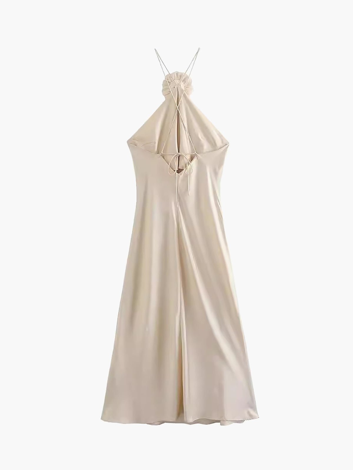 Saten Rosette Decor Boyundan Bağlamalı Midi Elbise - Phentora