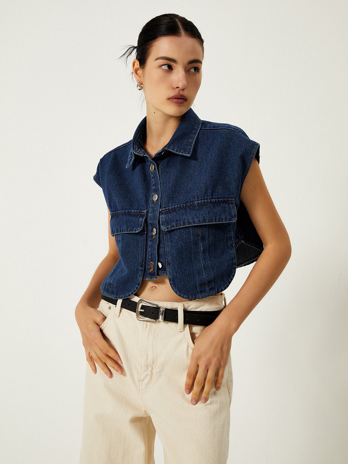 Denim Pockets Turn Down Collar Yelek - Phentora