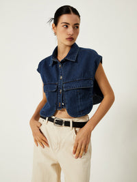 Denim Pockets Turn Down Collar Yelek - Phentora
