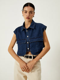 Denim Pockets Turn Down Collar Yelek - Phentora