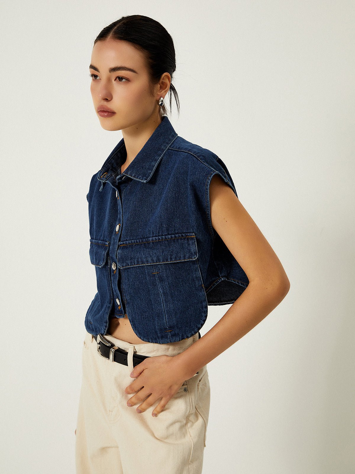 Denim Pockets Turn Down Collar Yelek - Phentora