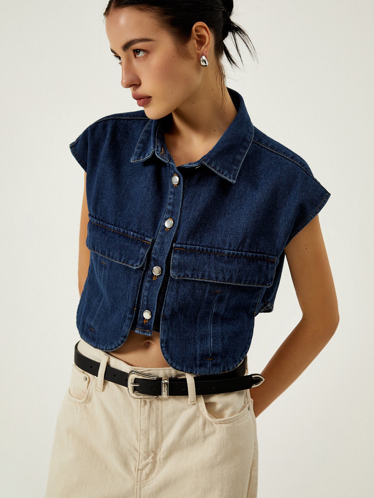 Denim Pockets Turn Down Collar Yelek - Phentora