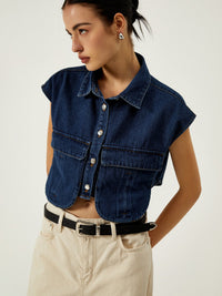 Denim Pockets Turn Down Collar Yelek - Phentora