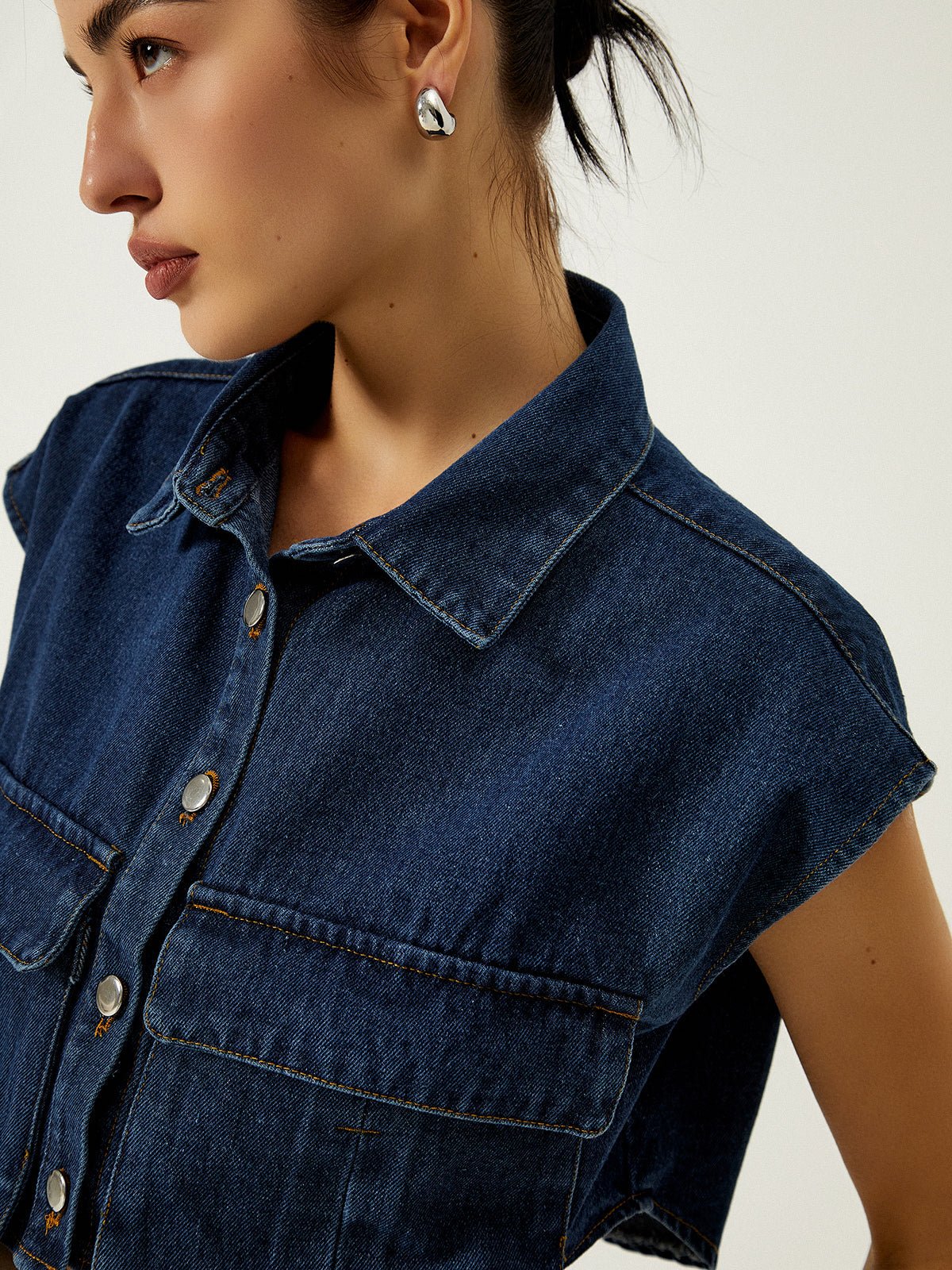 Denim Pockets Turn Down Collar Yelek - Phentora