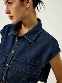 Denim Pockets Turn Down Collar Yelek - Phentora