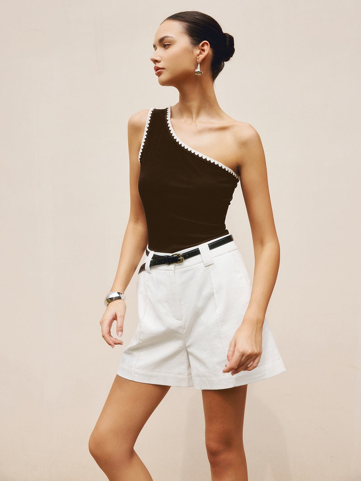 Contrast Trim One Shoulder Off Tank Üst - Phentora