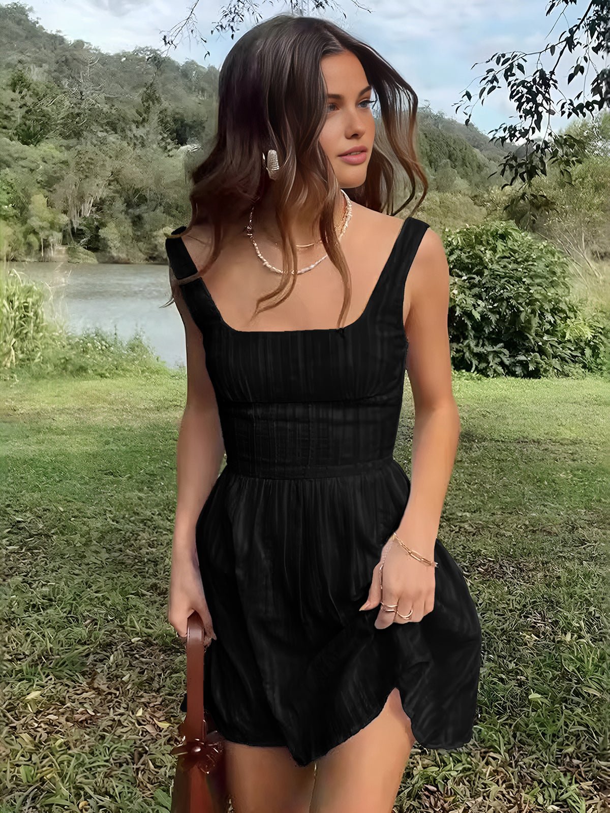 Semi - Sheer Düz Square Neckline Kısa Elbise - Phentora